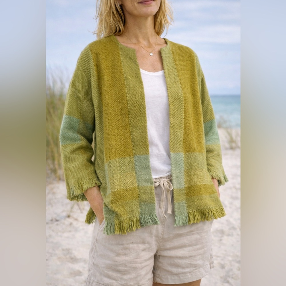 Connemara Handcrafts Wool Plaid Open Front Sweater Green One Size